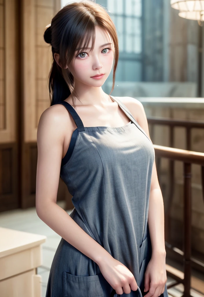 8K, of the highest quality, masutepiece:1.2), (Realistic, Photorealsitic:1.37), of the highest quality, masutepiece, Beautiful young woman, Pensive expression, Gentle eyes, Apron naked、full of shyness、Hair tied back, Messy mood, Cinematic background,  Light skin tone