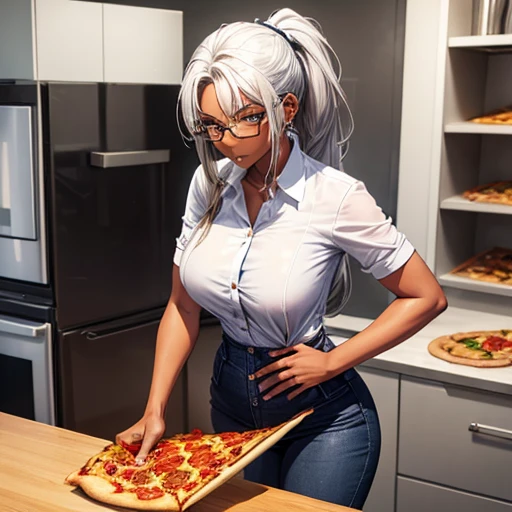 A dark-skinned woman with silver hair in a ponytail is making pizza., Wearing a black dress shirt and slim jeans,　　Showing your belly button