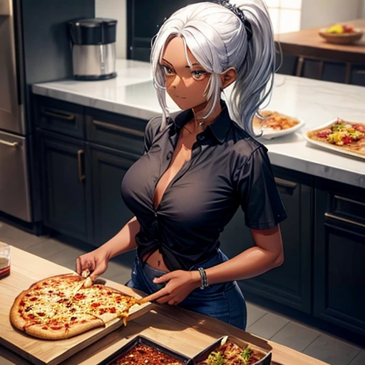 A dark-skinned woman with silver hair in a ponytail is making pizza., Wearing a black dress shirt and slim jeans,　　Showing your belly button