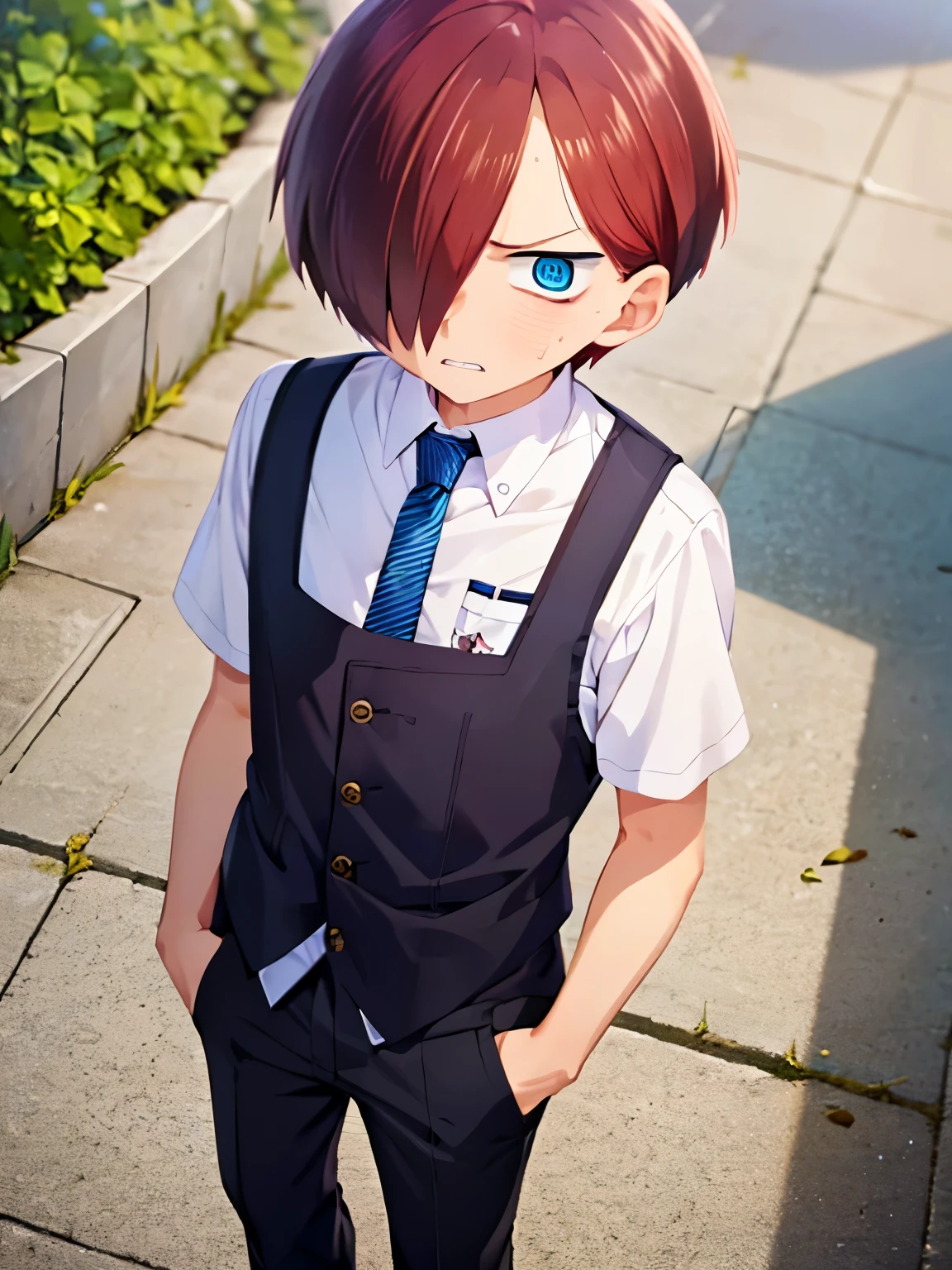 1boy, solo, male focus, kyoutarou_ichikawa, red hair, blue eyes, short hair, hair over one eye, bangs,Standing, Annoyed expression,Teeth showing, angry expression, close up photo,,Shirt, trousers, tie