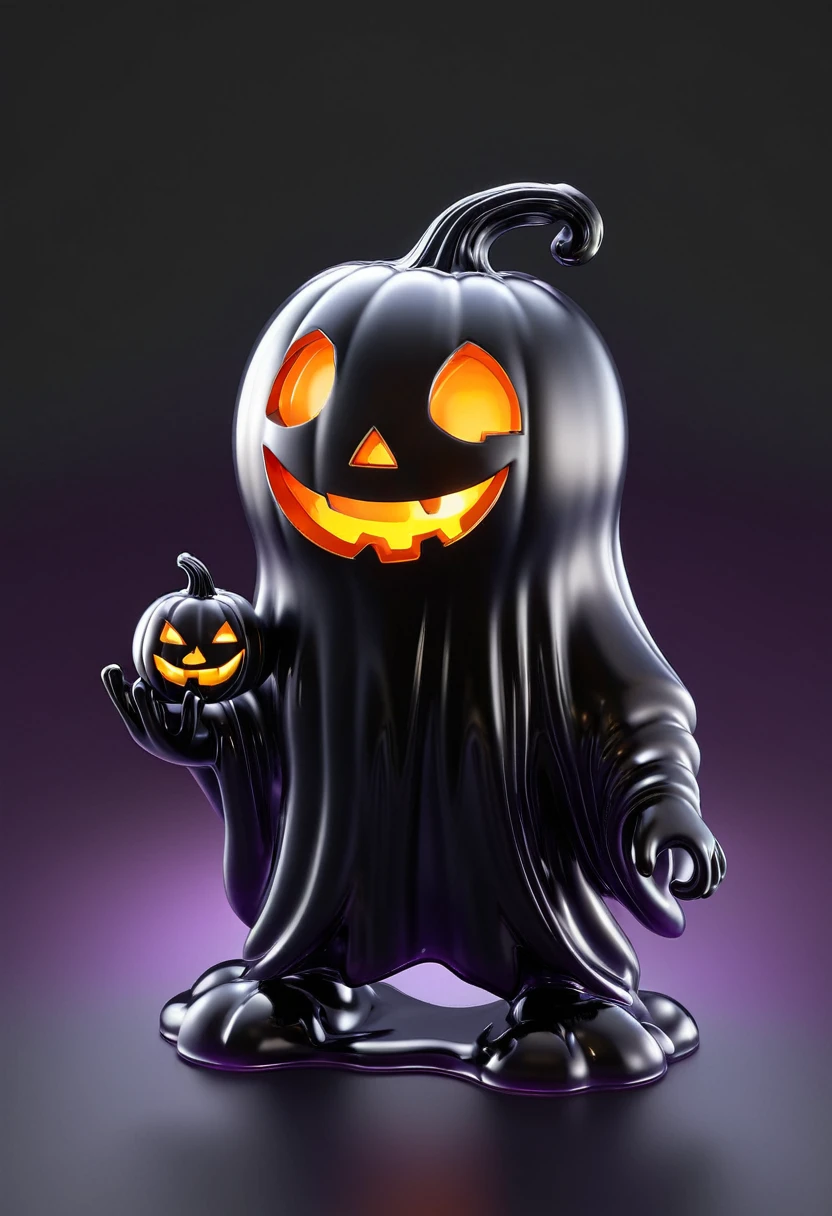 the Halloween Creature 3D icon, TransparentCute black ghosts and Jack-o'-lantern,3Drendering, Frosted graded translucent glass melt,Purplish black gradient background, right fullmodelisometric view --ar 3:4 --style expressive