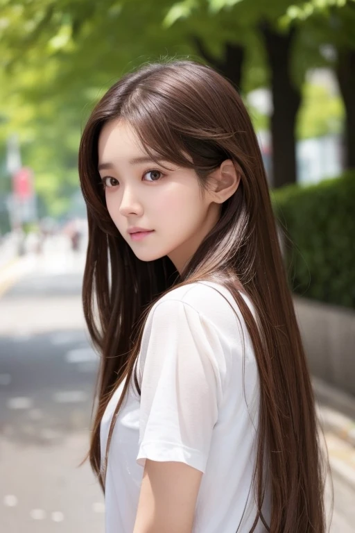 Long hair、Brown Hair、She looks like Yoona from Girls&#39; Generation、White T-shirt and jeans、Wearing stiletto heels、Big eyes、Her chest is a C cup、Cute Nails、Natural Makeup、Height: 168cm、Fluttering skirt、whole body、Model Body Type