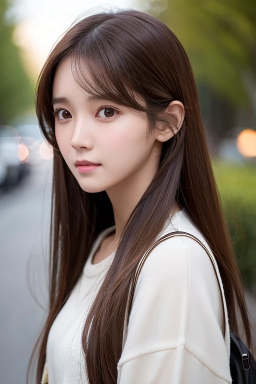 Long hair、Brown Hair、She looks like Yoona from Girls&#39; Generation、White T-shirt and jeans、Wearing stiletto heels、Big eyes、Her chest is a C cup、Cute Nails、Natural Makeup、Height: 168cm、Fluttering skirt、whole body、Model Body Type