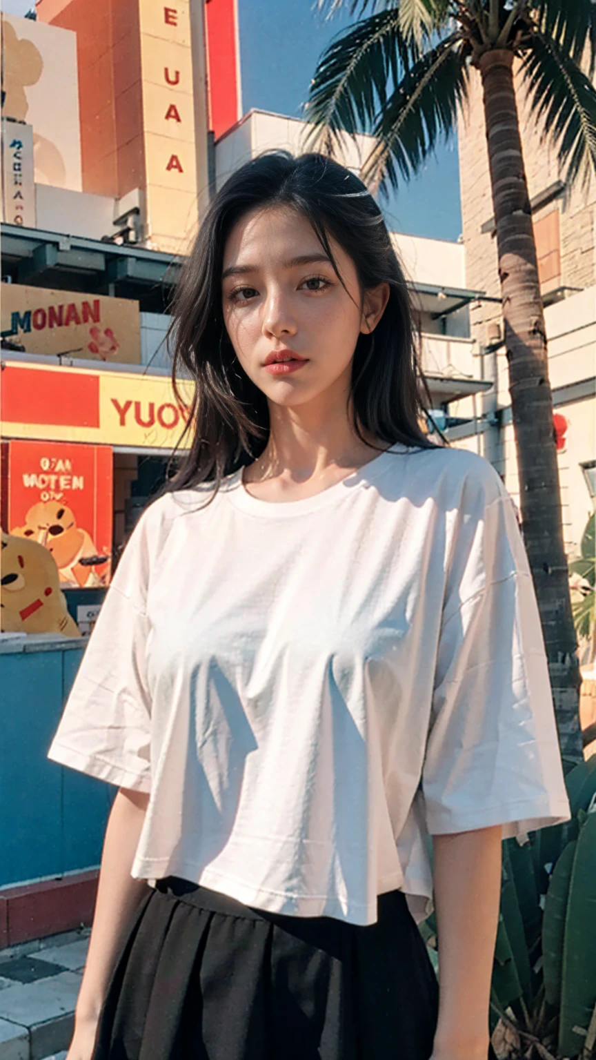 ((long shot photography)) ((best quality)), ((masterpiece)), (detailed),upper body,close-up, 8k, RAW photo,1 girl,real polaroid photo, beautiful, ultra-realistic,detail face, light leak,looking camera, black bob hair, almond eye, no makeup, white tshirt, ((oversized untucked tshirt)), peach color skirt, in front of ((80's mondrian architecture colorful motel)), ((masterpiece)),(sharp focus), (palm trees),summer, blue sky,sunny, los angles vibes