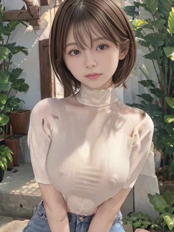 Short sleeve turtleneck knit、Shapely small breasts、Short brown hair、25-year-old gravure idol、Shiny oily skin、Shiny skin、Selfie、White background