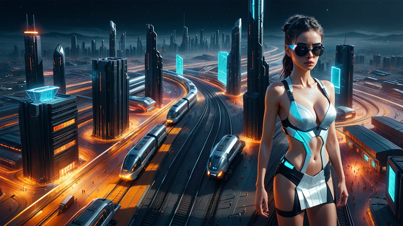Brightly colored abstract aerial view image of a (((((futuristic railway station))))) with a spiral, a (((futuristic all-glass train))) passing by, epic beautiful space sci-fi, chaotic cinematic space rift, Greg Beeple, Beeple and Tim Hildebrandt, Beeple and Jean Giraud, (((giant glass lion sculpture))), galaxy space sci-fi, ringworld, by Mike "Beeple" Winkelmann. Matrix style, (((Matrix cascading code))), (((a futuristic twin tower skyscraper with a unique twisted design))), (((OLED GUI interfaces in the building))), at night, (((((1girl, solo))))), photo realistic, (((((((large-breast:1.2 body, cleavage:1.4))))))), (((((off broken mini sling-shirt and black sling bra, extreamly short pleated miniskirt exposing panty))))), (((((running pose))))), (((((((matrix style black micro sunglasses))))))), ((((((((((aiming with a short gun)))))))))), (((((looking at camera))))), (((very low view))), (((((half-body thigh level medium shot))))), (((cinematic lighting))).