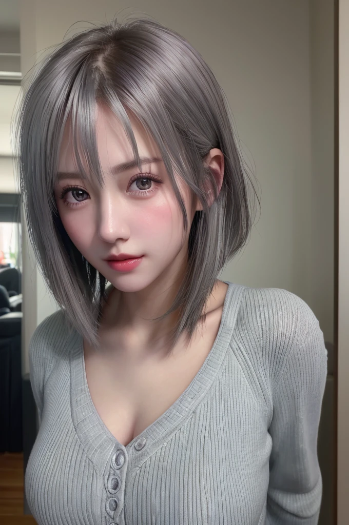(8K, Photorealistic, Raw photo, of the highest quality: 1.3), (1girl in), Super beautiful, (Realistic face), (boyish, Silver Color Berry Shorthair), Beautiful , Glare that captivates the viewer, Beautiful expression, Beautiful breasts, (Realistic skin), Be...