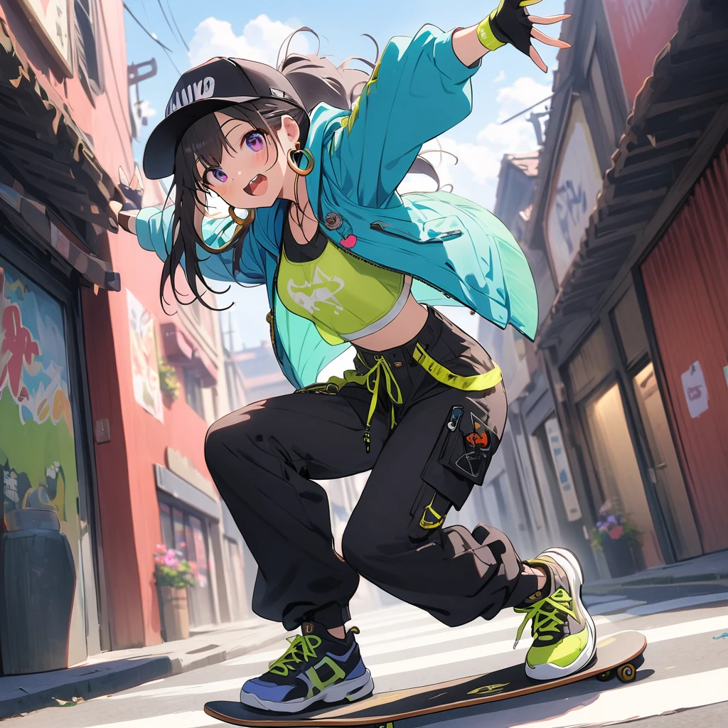 1girl,
BREAK
//Fashions
Urban B-Girl,
Capture the urban vibe of breakdancing with a cool and edgy ensemble, Start with a cropped tank top or sports bra in a bold color like neon green or electric blue, Pair it with high-waisted baggy cargo pants featuring plenty of pockets and room for movement,
BREAK
Layer over the top with a loose-fitting graphic tee or hoodie for a relaxed streetwear look, Complete the outfit with high-top sneakers for comfort and support, and accessorize with chunky hoop earrings, a snapback hat, and wristbands or fingerless gloves for added flair,
BREAK,(highest quality、masterpiece、High resolution、detailed)、animeスタイル、Flat Style、(Enjoying skateboarding), BREAK,extremely detailed、Fun Themes、Dynamic Angle、anime