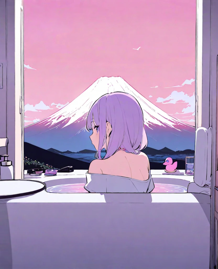 koseki-bijou/(Hololive/),(Flat Color:1.1), (colorful:1.3), (masterpiece:1.2), Highest quality, masterpiece, original, Highly detailed wallpaper, View your viewers, One girl, alone, Enter the bathhouse、Soak in the bathtub、Mount Fuji painting、Duck Toy
