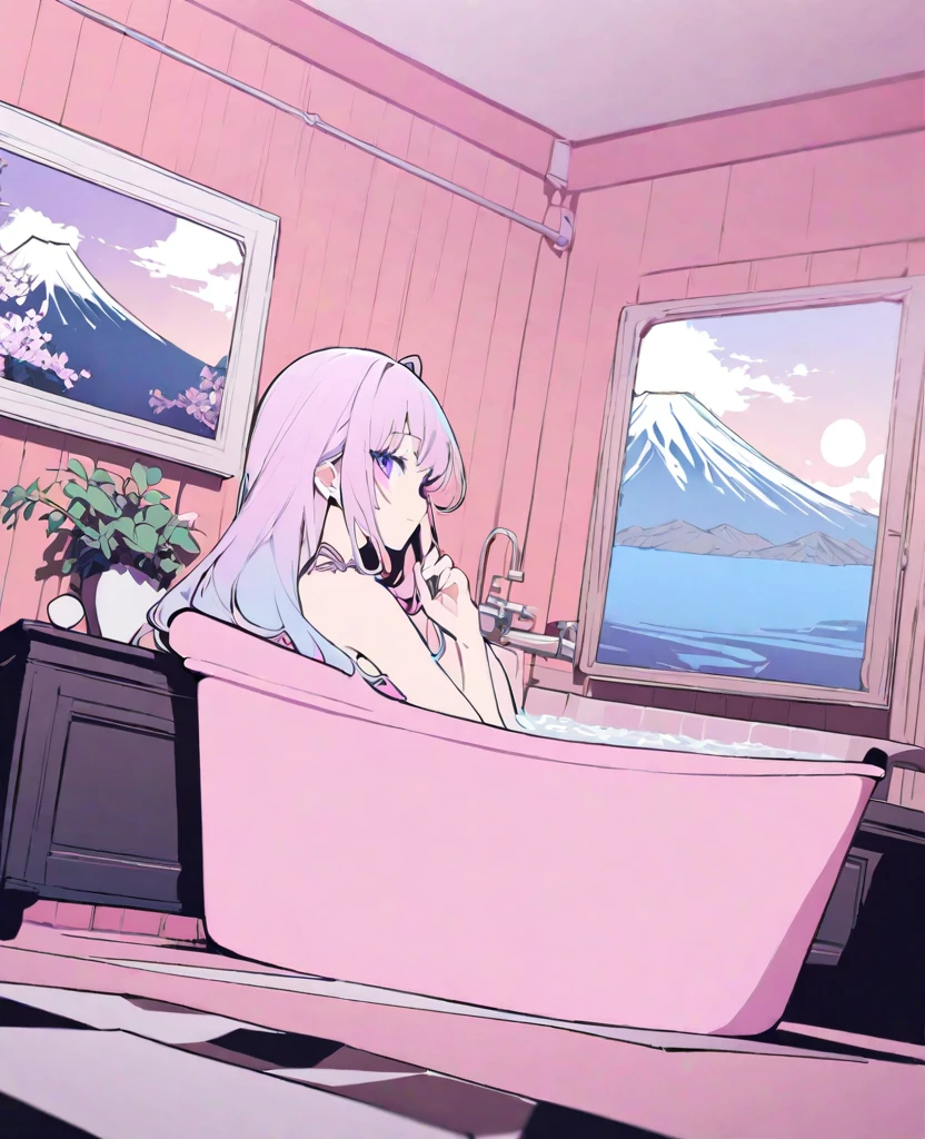 koseki-bijou/(Hololive/),(Flat Color:1.1), (colorful:1.3), (masterpiece:1.2), Highest quality, masterpiece, original, Highly detailed wallpaper, View your viewers, One girl, alone, Enter the bathhouse、Soak in the bathtub、Mount Fuji painting、Duck Toy