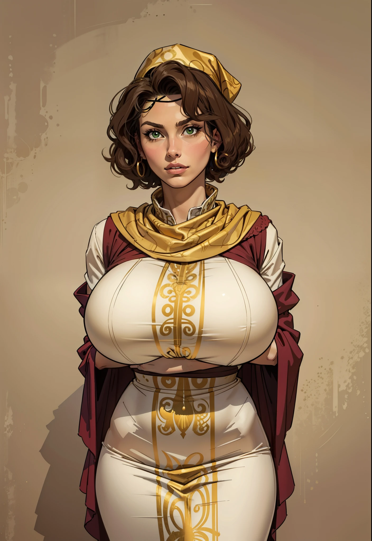 uma  pirates wearring realistic pirates cloths,30 years old, latina face looking up, ((curly hair)) , (()), (gypsy), brown skin, mature, short hair, Stand up, maquiagem, Lips are soft or colored,  light, uncontrasted,  flat wallpaper background, silhuetas simples, lineart, minimalist, green eyes, ((gold bandana on forehead))