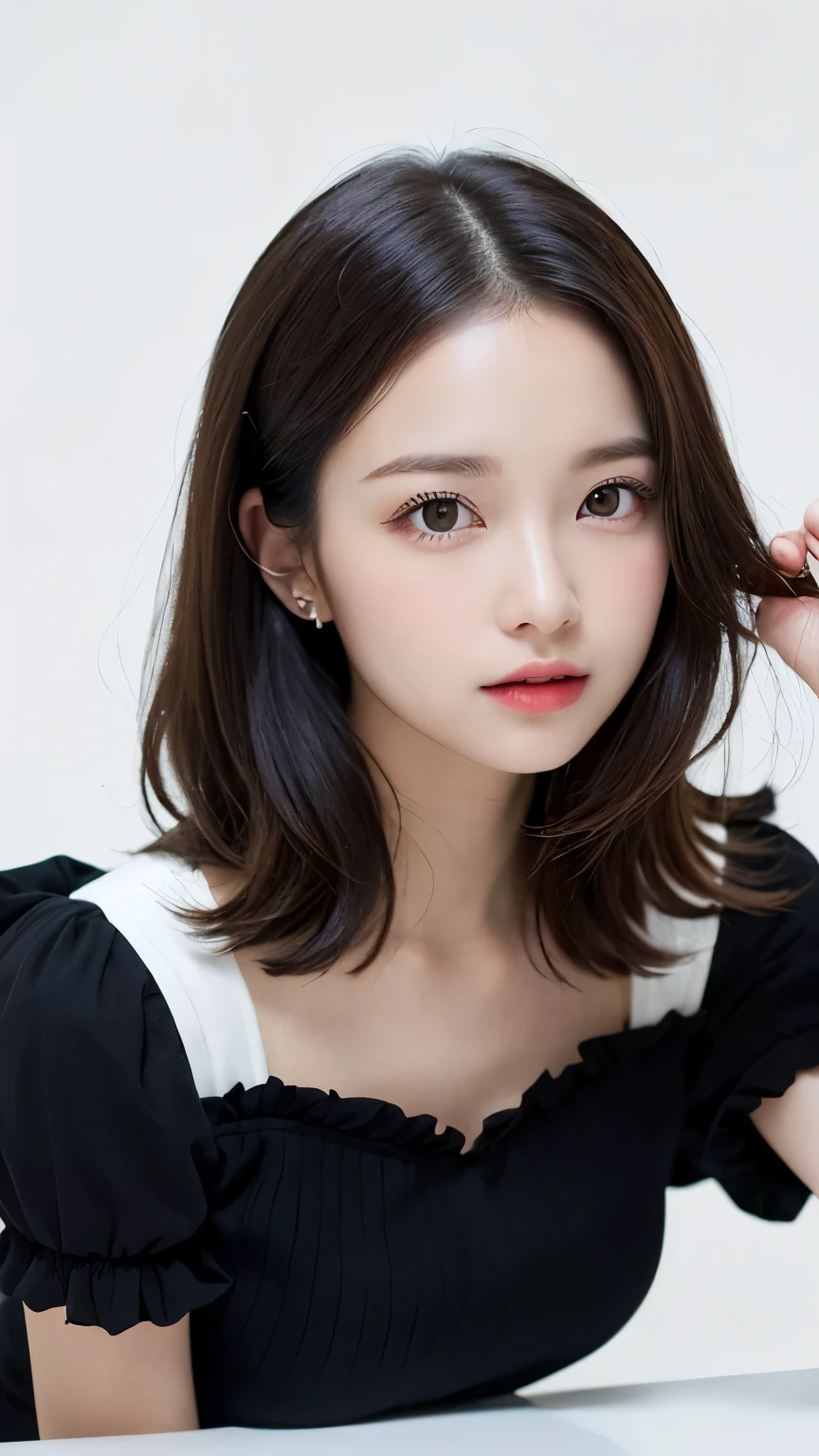 (((forehead、Northern Europe、White people、beautiful girl、Black Hair、White background、No sleeve、mini skirt)))、table top, highest quality, figure, super detailed, finely, High resolution, 8k wallpaper, Perfect dynamic composition, detailed and beautiful eyes, Deco out,bionde, medium hair, super big breasts, Natural color lip,white background, random cute poses,frill dress