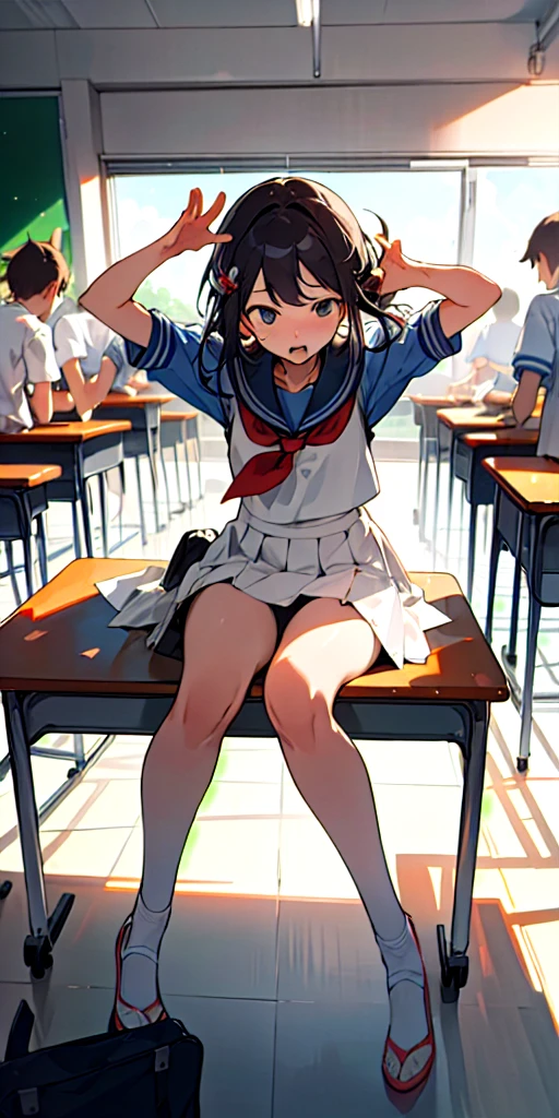 (masterpiece, best quality), multiple people are having a festival, classroom, noon, in summer