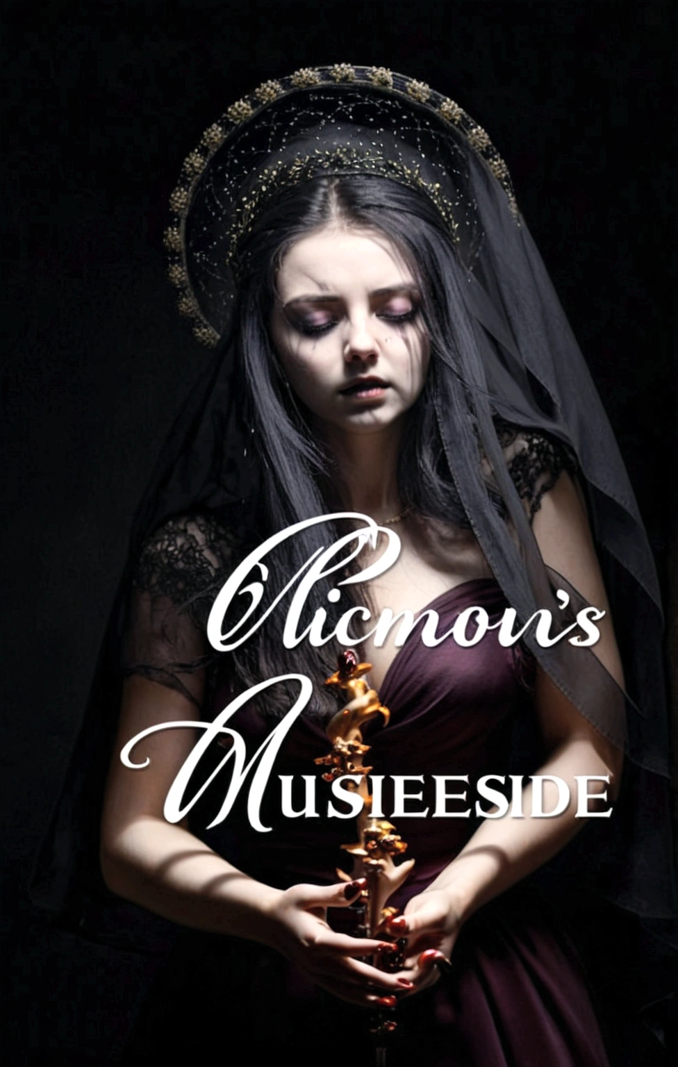 Mysterious, witch, Dark theme, lightning, romance, novel, vicious, girl with veil, only showing back, with dark gold and dark purple theme, Surrealism, 8k, super detail