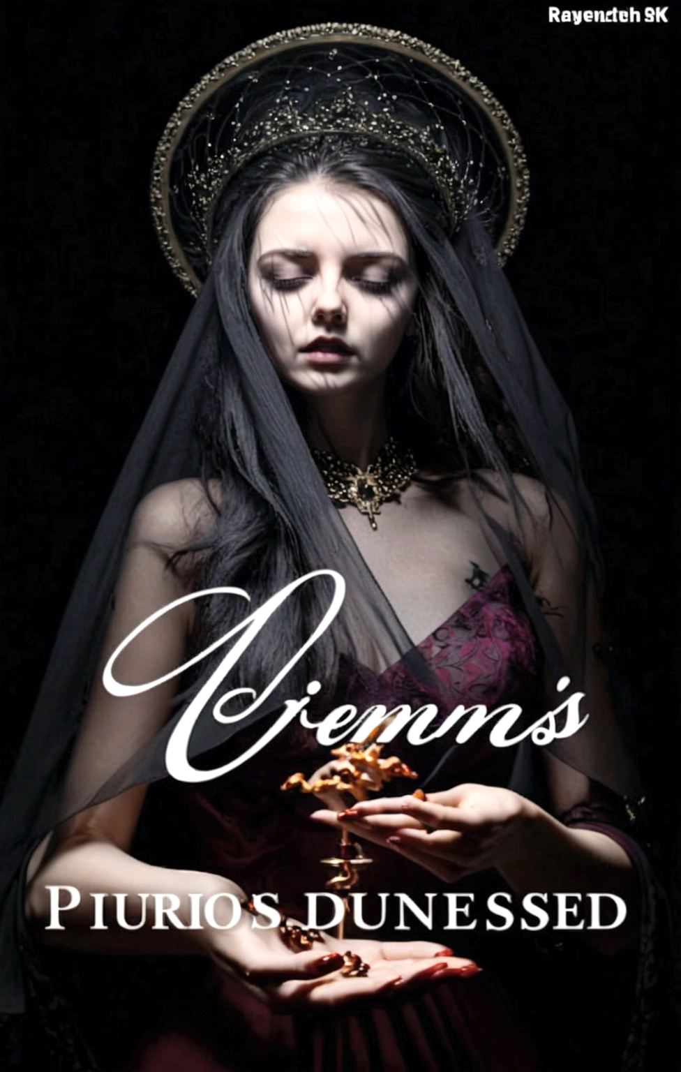Mysterious, witch, Dark theme, lightning, romance, novel, vicious, girl with veil, only showing back, with dark gold and dark purple theme, Surrealism, 8k, super detail
