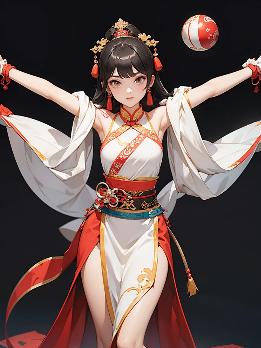 Costume,Chinese Tang Dynasty women,Standing,Show your shoulders,Show your neck,(((Show your arms))),Show your thighs,Ball head hairstyle,whole body,Blank Background