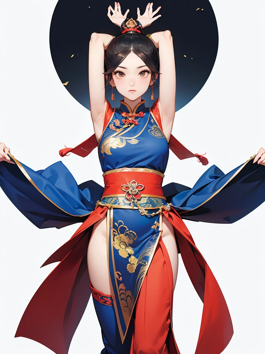 Costume，Chinese Tang Dynasty women，Standing，Show your shoulders,Show your neck，(((Show your arms)))，Show your thighs，Ball head hairstyle，whole body，Blank Background