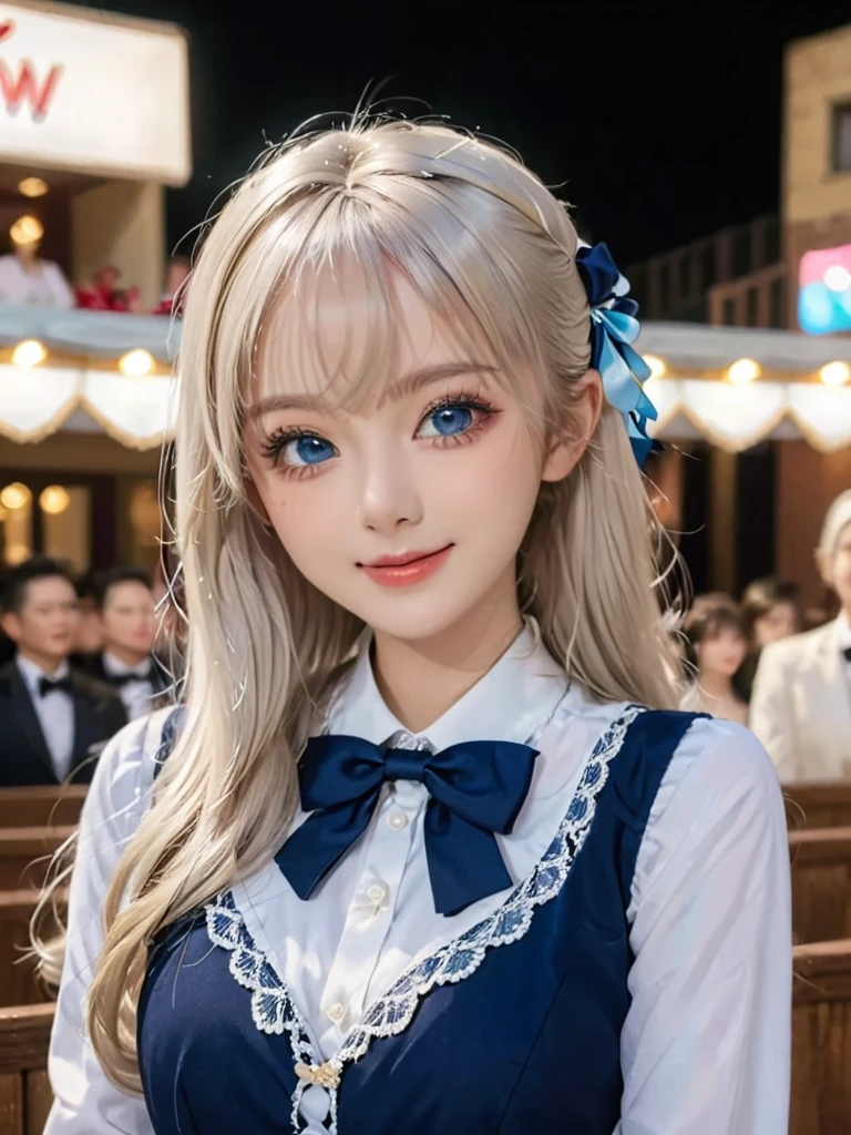 girl,single,Long hair,Looking at the audience,Bangs,blue eyes,Bow,Ribbon,Upper Body,White hair,Bow,bow tie,Lips,eyelash,蓝Bow,白Bow,Lace,curls,lifelike,Smiling
