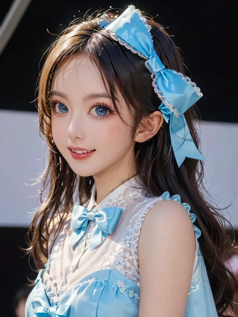 girl，single，Long hair，Looking at the audience，Bangs，blue eyes，Bow，Ribbon，Upper Body，White hair，Bow，bow tie，Lips，eyelash，蓝Bow，白Bow，Lace，curls，lifelike，Smiling