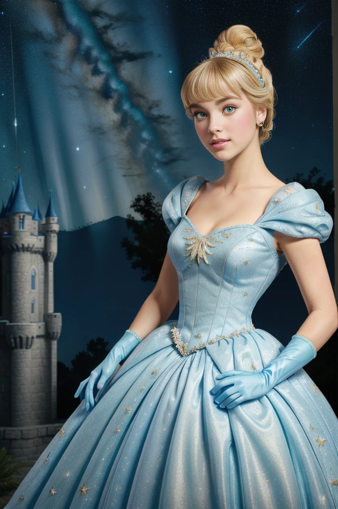 ((masterpiece:1.2), best quality, highres, ultra-detailed), solo, 1girl,
(CinderellaWaifu,princess cinderella from disney,beautiful skin,swept bangs,top knot:1.4),(18 years old,large breasts,sexy eyes,turquoise eyes,blonde hair:1.1),elegant face,(blue headband:1.3),
princess,
(1girl, solo:1.4), cowboy shot,(light blue rococo style gown:1.4), long gloves, looking at viewer, (outdoor,at night,castle,starry sky:1.2),cute pose