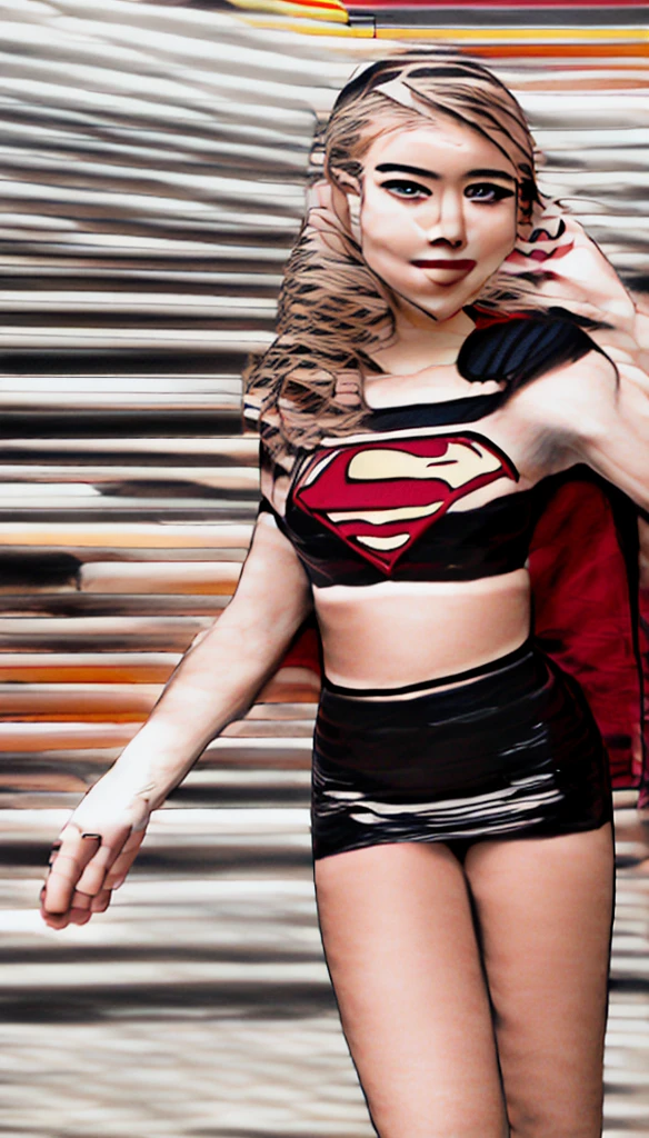 (cowboy shot), SFW, (masterpiece), (best quality: 1.0), (ultra highres: 1.0), detailed eyes,
BREAK
Supergirl, 1girl, long blonde hair, in the air, flying
hair band, (((black\))) crop top, short sleeves, cape, (((black pencil skirt))), gloves, boots
BREAK
(Famous, interview, among audiences)