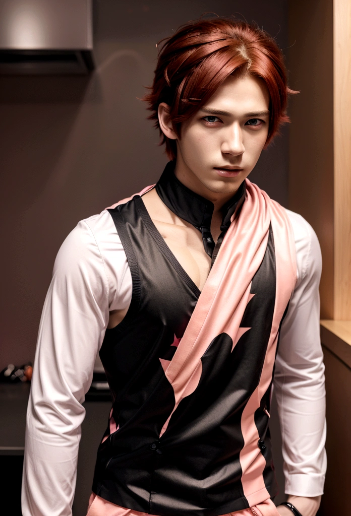 Man with pink and red hair and black clothes, handsome face, white eyes, highly detailed young anime, 4K walpaper manga, anime boy, detailed anime character art.