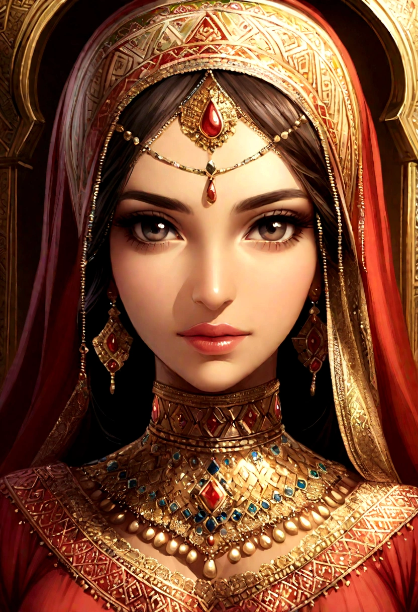 arafed woman in a red and gold shawl and a red dress, middle eastern skin, beautiful arab woman, young middle eastern woman, beautiful iranian woman, arabian beauty, middle eastern, mid shot portrait, detailed face of an arabic woman, 7 0 mm portrait, portrait shot, close - up portrait shot, close up portrait shot, photo of a beautiful woman