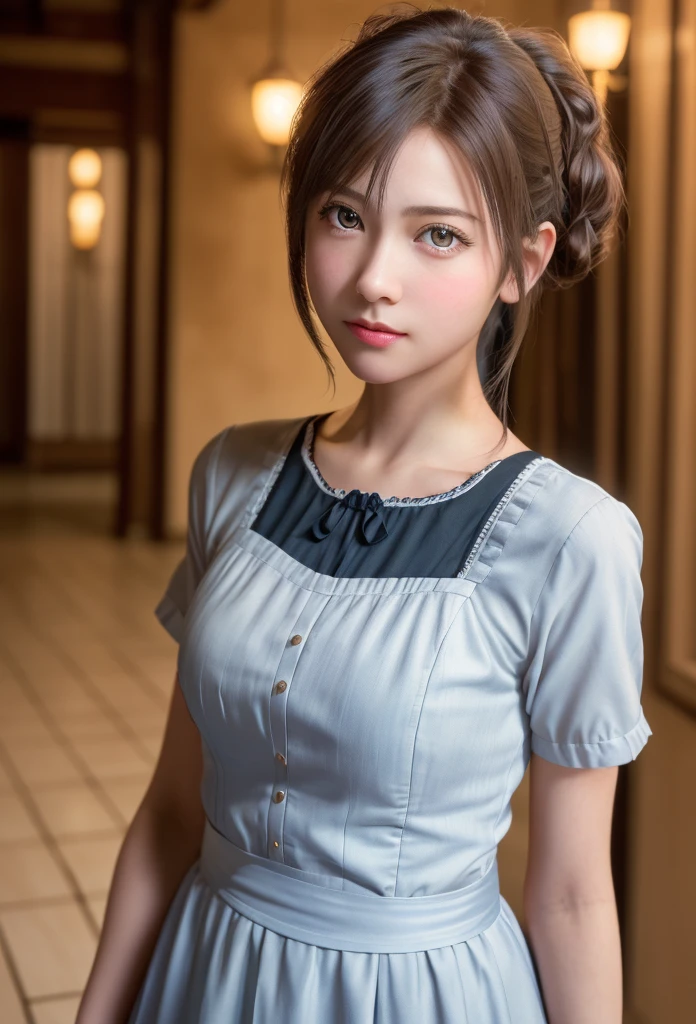 8K, of the highest quality, masutepiece:1.2), (Realistic, Photorealsitic:1.37), of the highest quality, masutepiece, Beautiful young woman, Pensive expression,、A charming、and an inviting look, Cute Maid Clothes, Hair tied back, Cinematic background, Light skin tone