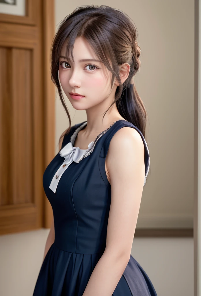 8K, of the highest quality, masutepiece:1.2), (Realistic, Photorealsitic:1.37), of the highest quality, masutepiece, Beautiful young woman, Pensive expression,、A charming、and an inviting look, Cute Maid Clothes, Hair tied back, Cinematic background, Light skin tone