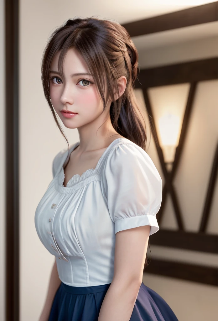 8K, of the highest quality, masutepiece:1.2), (Realistic, Photorealsitic:1.37), of the highest quality, masutepiece, Beautiful young woman, Pensive expression,、A charming、and an inviting look, Cute Maid Clothes, Hair tied back, Cinematic background, Light skin tone