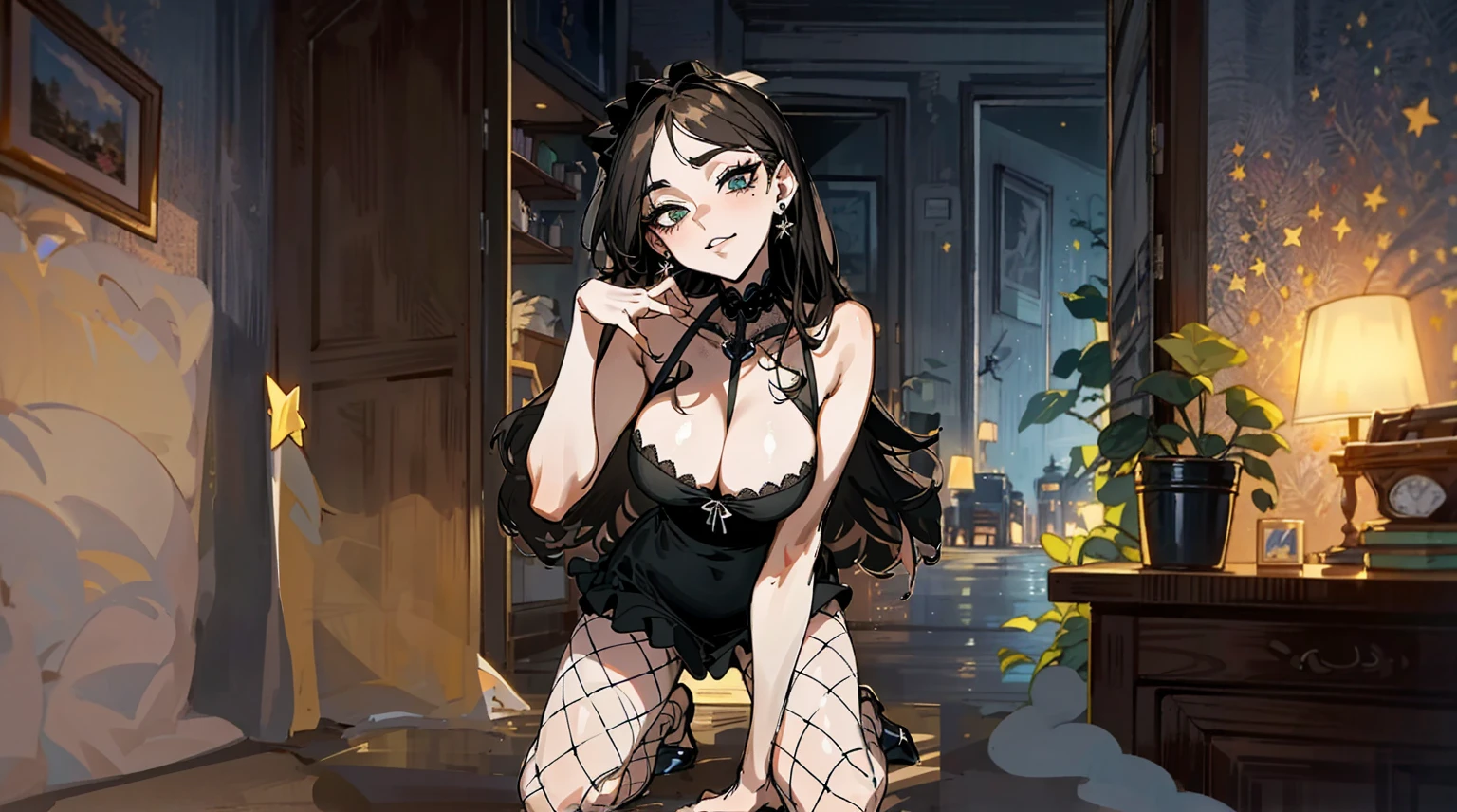 （best quality，masterpiece：1.2，detailed details，4k），((masterpiece)), ((best quality)), (ultra-detailed), anime style,large , slim, slender, ashamed,  ，Kneeling,Girl with modern gothic makeup, fair skin, long legs, black eyeshadow, camisole, plump figure, earrings and lip studs, fishnet stockings, posing in an attractive pose, lovable expression，