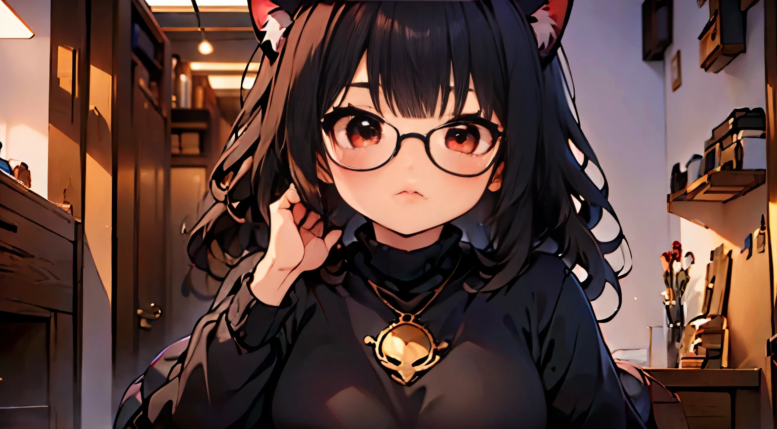 neocruz man with curly hair, long black hair and freshly cut beard, Brown eyes. // inside the office // next to a beautiful junkotvv woman with glasses, wavy black fur, cat ears and red eyes.