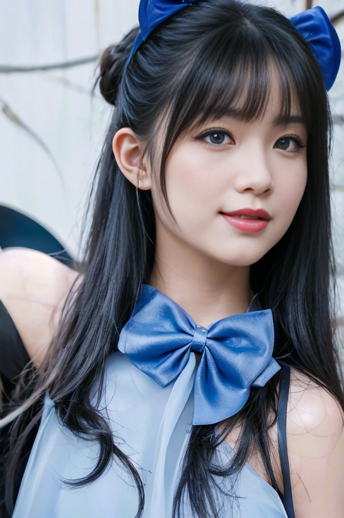 girl，single，Long hair，Looking at the audience，Bangs，blue eyes，Bow，Ribbon，Upper Body，White hair，Bow，bow tie，Lips，eyelash，蓝Bow，白Bow，Lace，curls，lifelike，Smiling