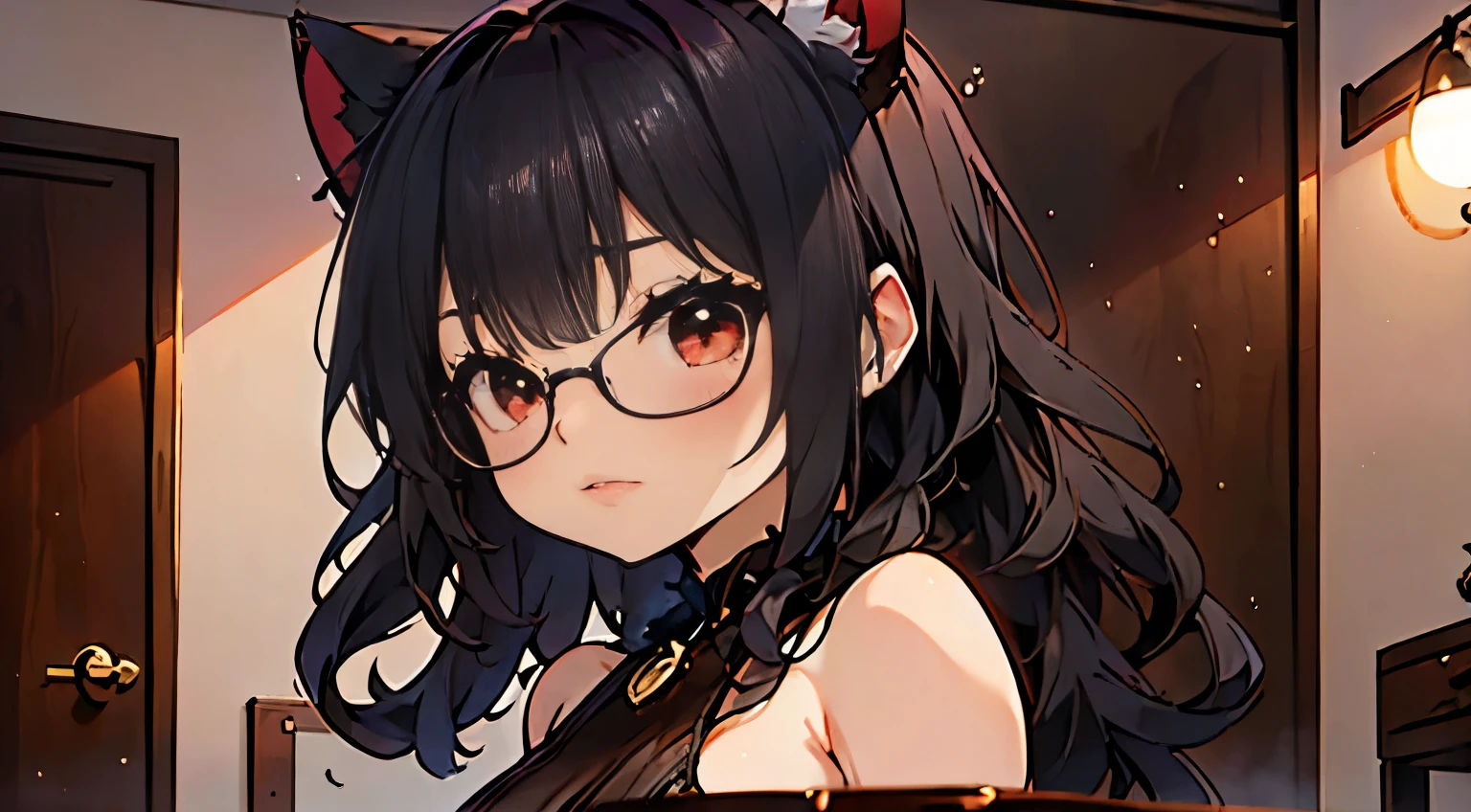 neocruz man with curly hair, long black hair and freshly cut beard, Brown eyes. // inside the office // next to a beautiful junkotvv woman with glasses, wavy black fur, cat ears and red eyes.