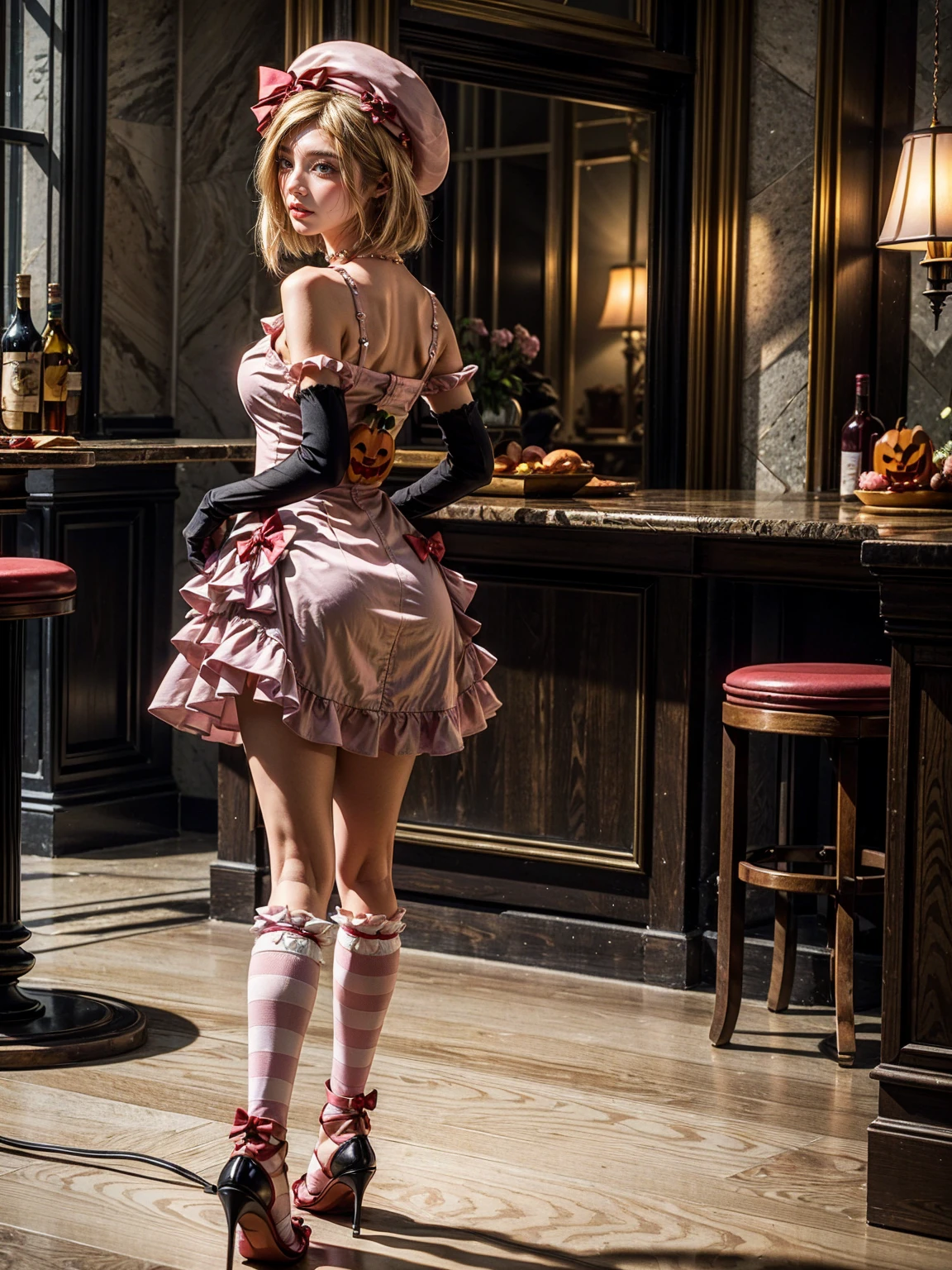 (1 lady), The beautiful, (Best quality at best:1.4), (ultra - detailed), (extremely detailed CG unified 16k), gold blonde hair, very detailed, High-definition RAW color photo, professional photoshooting, amazing face and eyes, cosmetics, (amazingly beautiful girl), ((lambdadelta)), ((dress, shoes bow, red shoes, striped stockings, red bow, pink hat, necklace, gloves, pearl, pumpkin brooch, pink dress)), standing, sexyposture,(Dark and stylish bar, drinks, lamp lights, lamp lights:1.3), (look from down), realistic cinematic face, head to feet long wide zoomed out view, full body long view, photorealistic, ((realistic natural blonde hair style, honey eyes)), gorgeous, extremely beautiful face, perfect model beauty, pout mouth, flirting smile, cleavages, city girl, western, shopping in the city, (masterpiece), best quality, high resolution, extremely detailed, blurred background, depth of field, cinematic lighting, amazing legs, high heels, clear and well-cared skin, from behind, nice ass,