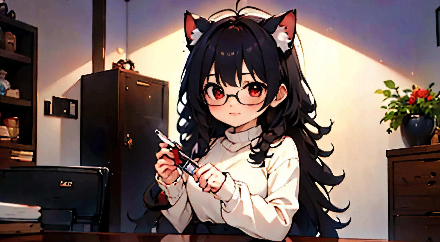 neocruz man with curly hair, long black hair and freshly cut beard, Brown eyes. // inside the office // next to a beautiful junkotvv woman with glasses, wavy black fur, cat ears and red eyes.