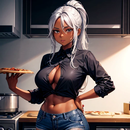 A dark-skinned woman with silver hair in a ponytail is making pizza., Wearing a black dress shirt and slim jeans, Showing your belly button stall