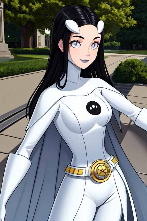 8k,highres,absurdres,masterpiece,best quality,original,extremely detailed CG,extremely detailed wallpaper,perfect, Phantom girl, solo, girl1, long black hair, bodysuit. grey eyes, smile, white hair ornament, ghost logo, grey lips, sanpaku, belt, white cape, white gloves, best quality, masterpiece, cowboy shot, city, park