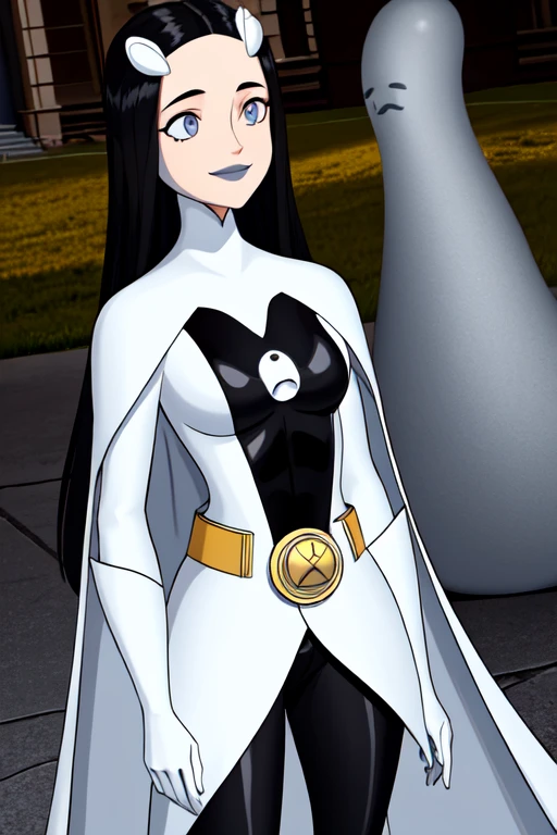 8k,highres,absurdres,masterpiece,best quality,original,extremely detailed CG,extremely detailed wallpaper,perfect, Phantom girl, solo, girl1, long black hair, bodysuit. grey eyes, smile, white hair ornament, ghost logo, grey lips, sanpaku, belt, white cape, white gloves, best quality, masterpiece, cowboy shot, city, park