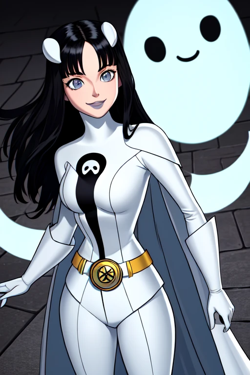 8k,highres,absurdres,masterpiece,best quality,original,extremely detailed CG,extremely detailed wallpaper,perfect, Phantom girl, solo, girl1, long black hair, bodysuit. grey eyes, smile, white hair ornament, ghost logo, grey lips, sanpaku, belt, white cape, white gloves, best quality, masterpiece, cowboy shot, city, park