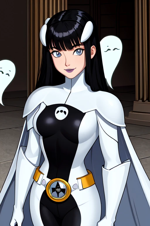 8k,highres,absurdres,masterpiece,best quality,original,extremely detailed CG,extremely detailed wallpaper,perfect, Phantom girl, solo, girl1, long black hair, bodysuit. grey eyes, smile, white hair ornament, ghost logo, grey lips, sanpaku, belt, white cape, white gloves, best quality, masterpiece, cowboy shot, city, park