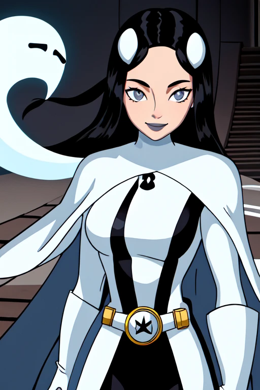 8k,highres,absurdres,masterpiece,best quality,original,extremely detailed CG,extremely detailed wallpaper,perfect, Phantom girl, solo, girl1, long black hair, bodysuit. grey eyes, smile, white hair ornament, ghost logo, grey lips, sanpaku, belt, white cape, white gloves, best quality, masterpiece, cowboy shot, city, park