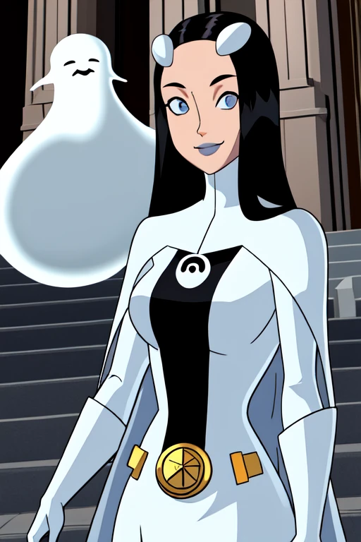 8k,highres,absurdres,masterpiece,best quality,original,extremely detailed CG,extremely detailed wallpaper,perfect, Phantom girl, solo, girl1, long black hair, bodysuit. grey eyes, smile, white hair ornament, ghost logo, grey lips, sanpaku, belt, white cape, white gloves, best quality, masterpiece, cowboy shot, city, park