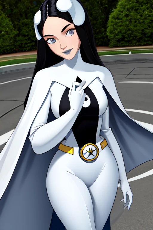 8k,highres,absurdres,masterpiece,best quality,original,extremely detailed CG,extremely detailed wallpaper,perfect, Phantom girl, solo, girl1, long black hair, bodysuit. grey eyes, smile, white hair ornament, ghost logo, grey lips, sanpaku, belt, white cape, white gloves, best quality, masterpiece, cowboy shot, city, park