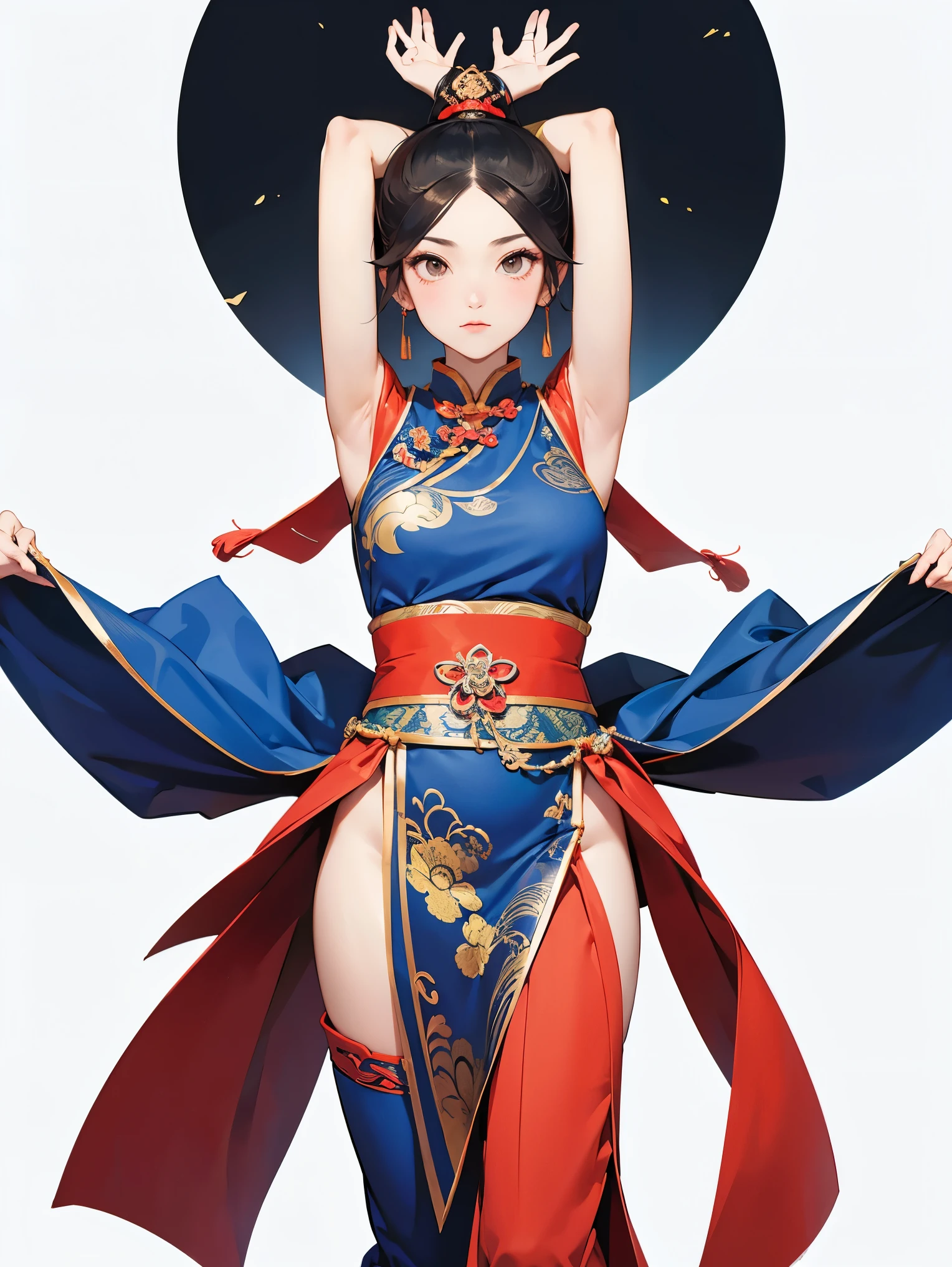 Costume，Chinese Tang Dynasty women，Standing，Show your shoulders,Show your neck，(((Show your arms)))，Show your thighs，Ball head hairstyle，whole body，Blank Background