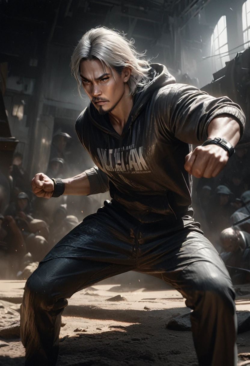 A man with black and white hair, wearing a hoodie, with a goatee, in a fighting stance, (best quality,4k,8k,highres,masterpiece:1.2),ultra-detailed,(realistic,photorealistic,photo-realistic:1.37),male,hoodie,goatee,fighting stance,black and white hair,dramatic lighting,moody atmosphere,cinematic,epic,intense,powerful,muscular,dynamic pose,character design