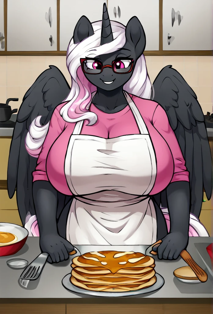  Alicorn , white mane, ,black fur color  long flowing  mane pink  eyes anthro huge breasts light pink shirt
Cooking pancakes,apron,smiling ,pony tail glasses