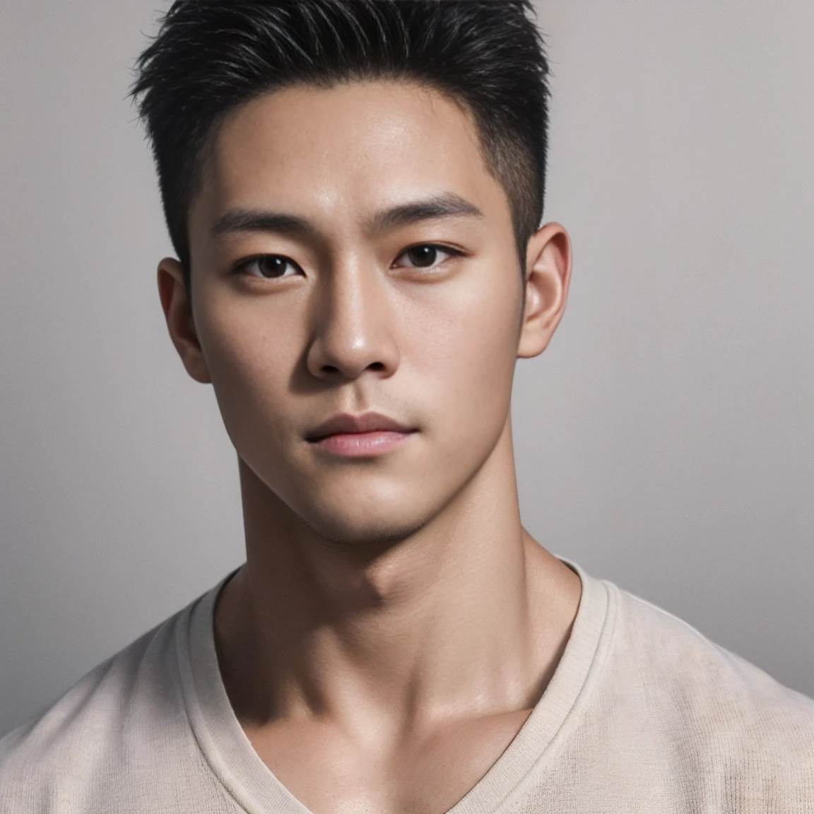 (Passport photograph of 1 handsome young muscular man: 1.2), (Asian: 1.44), model, (detailed perfect face, black eyes: 1.2345), realistic skin, (ultra realistic, detailed, high quality, 8k image quality, finely detailed, masterpiece, best quality: 1.2), facing camera, looking at camera, plain background