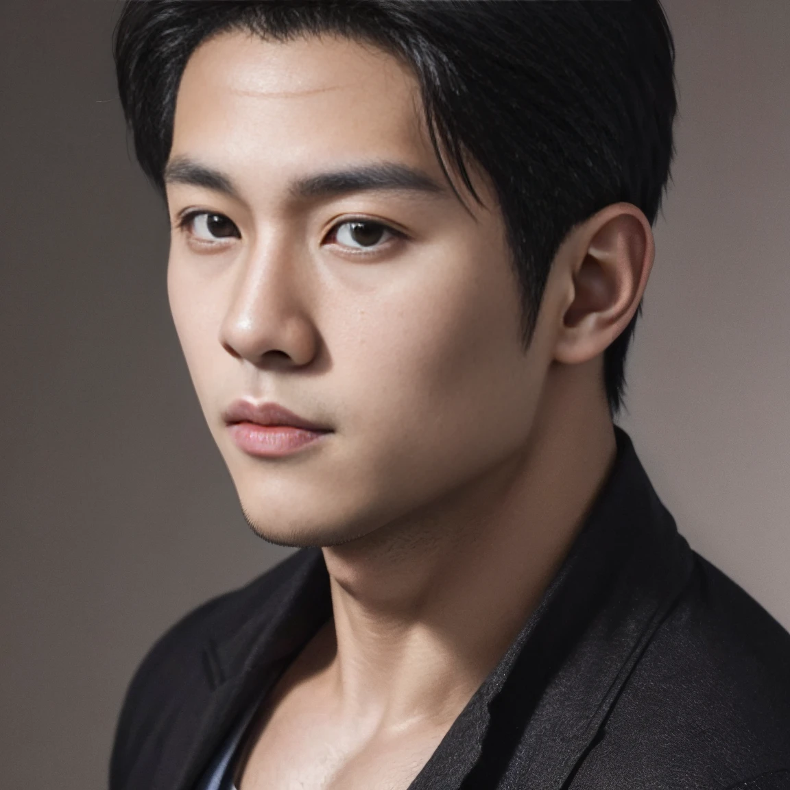 (Passport photograph of 1 handsome young muscular man: 1.2), (Asian: 1.44),  model, (detailed perfect face, black eyes: 1.2345), realistic skin, (ultra realistic, detailed, high quality, 8k image quality, finely detailed, masterpiece, best quality: 1.2), facing camera, looking at camera, plain background