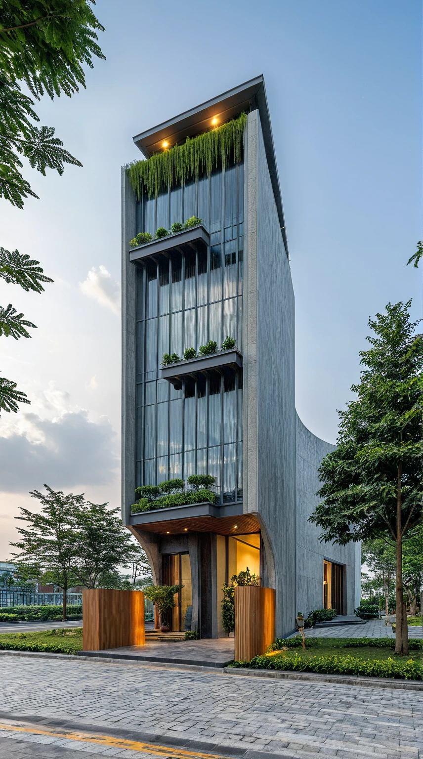 Masterpiece, high quality, best quality, authentic, super detail, outdoors, onestoreyofficeXL, aiaigroup, curved waved facade, curved curtain wall, The office building stands tall with its sleek, modern design, characterized by extensive glass facades that reflect the sky and surrounding cityscape. Large, floor-to-ceiling windows are fitted with stylish sun-shading louvers, ensuring a comfortable and energy-efficient environment inside. The front of the building is adorned with lush greenery, featuring a variety of plants and trees that add a touch of nature to the urban setting. People are walking briskly in front of the building, some engaged in conversation, while others are focused on their destinations. The atmosphere is bustling yet orderly, encapsulating the dynamic and productive spirit of the area. , road,pavement, grass, trees, sky, cloud, (daylight:1.1), random style color exterior